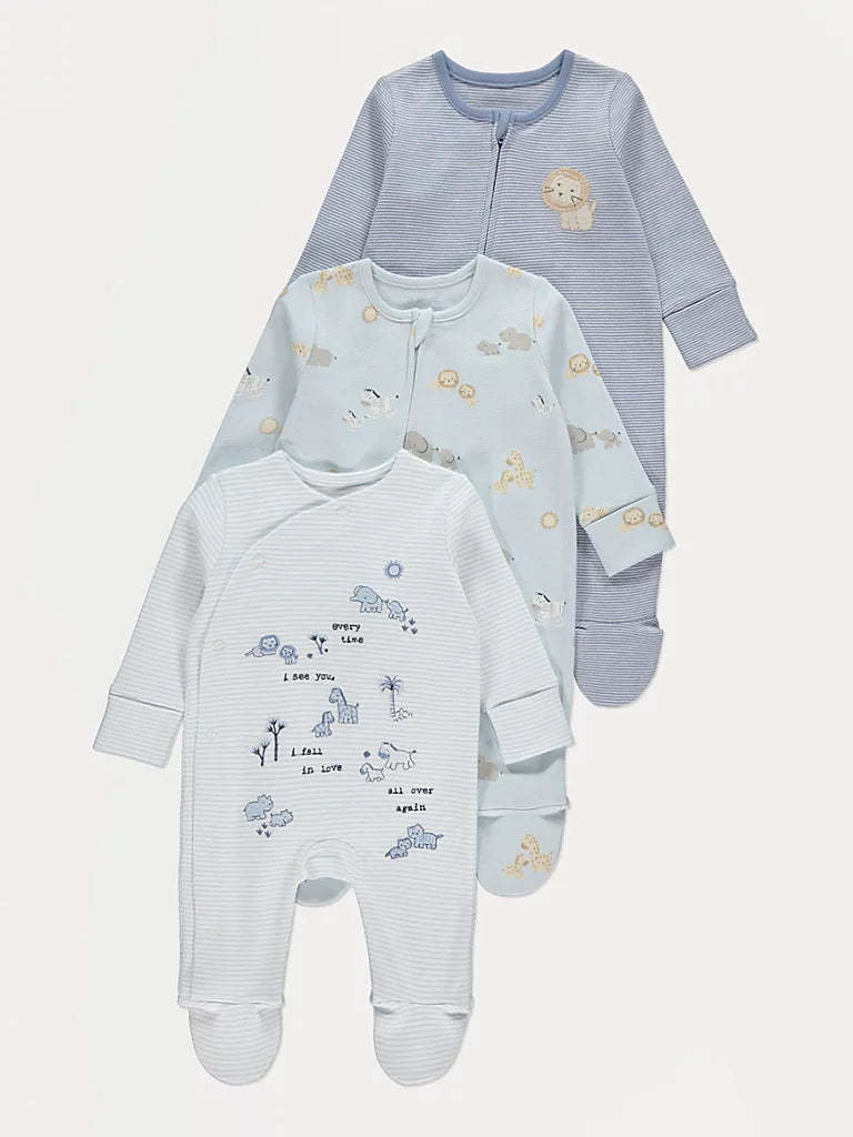 Set od 3 Spilhozne - Blue Safari Animal Sleepsuits