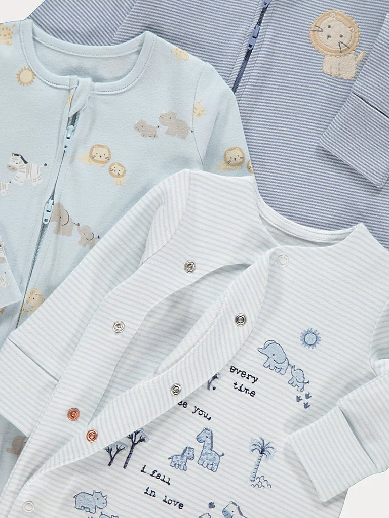 Set od 3 Spilhozne - Blue Safari Animal Sleepsuits