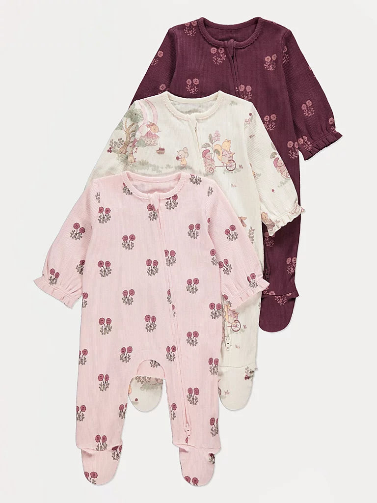 Set od 3 Spilhozne - Pink Floral Zip Fasten Sleepsuits 3 Pack