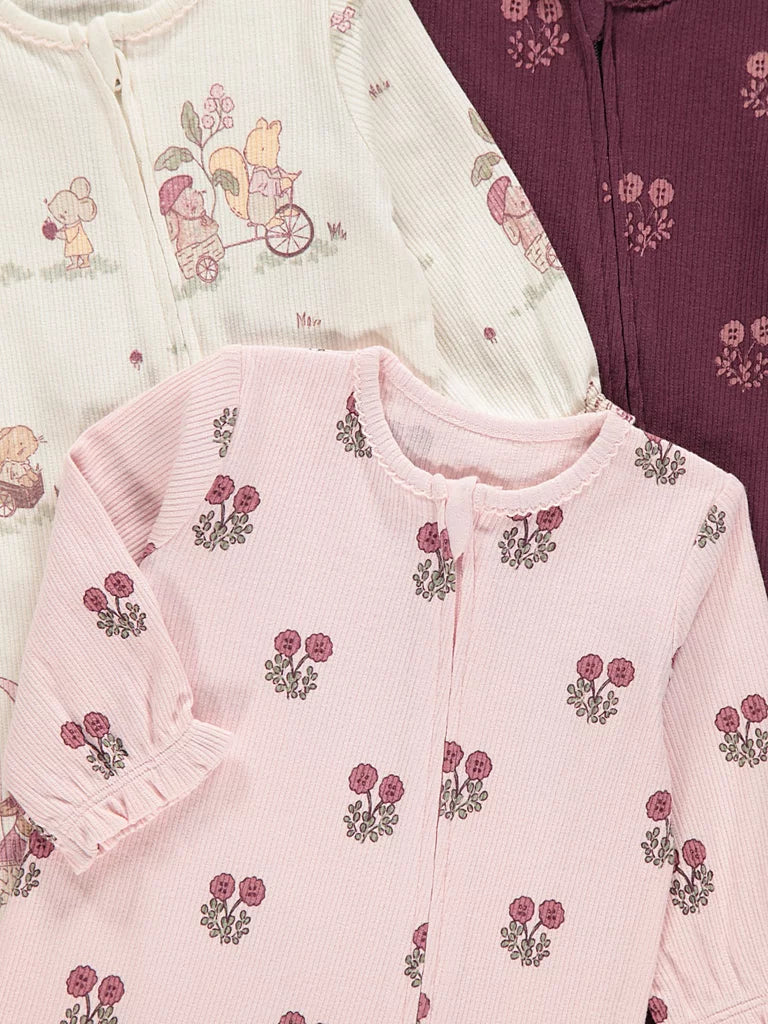 Set od 3 Spilhozne - Pink Floral Zip Fasten Sleepsuits 3 Pack