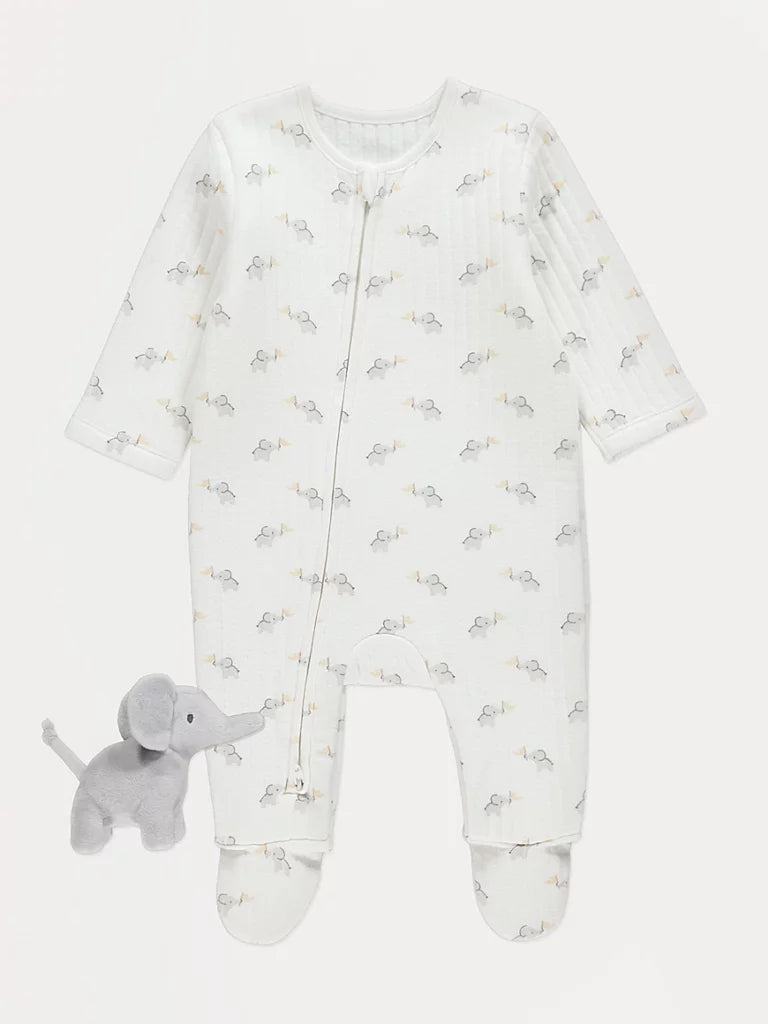 White Elephant Ribbed Zip Fasten Sleepsuit and Toy