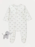 White Elephant Ribbed Zip Fasten Sleepsuit and Toy