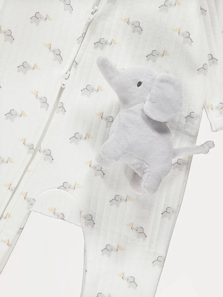 White Elephant Ribbed Zip Fasten Sleepsuit and Toy
