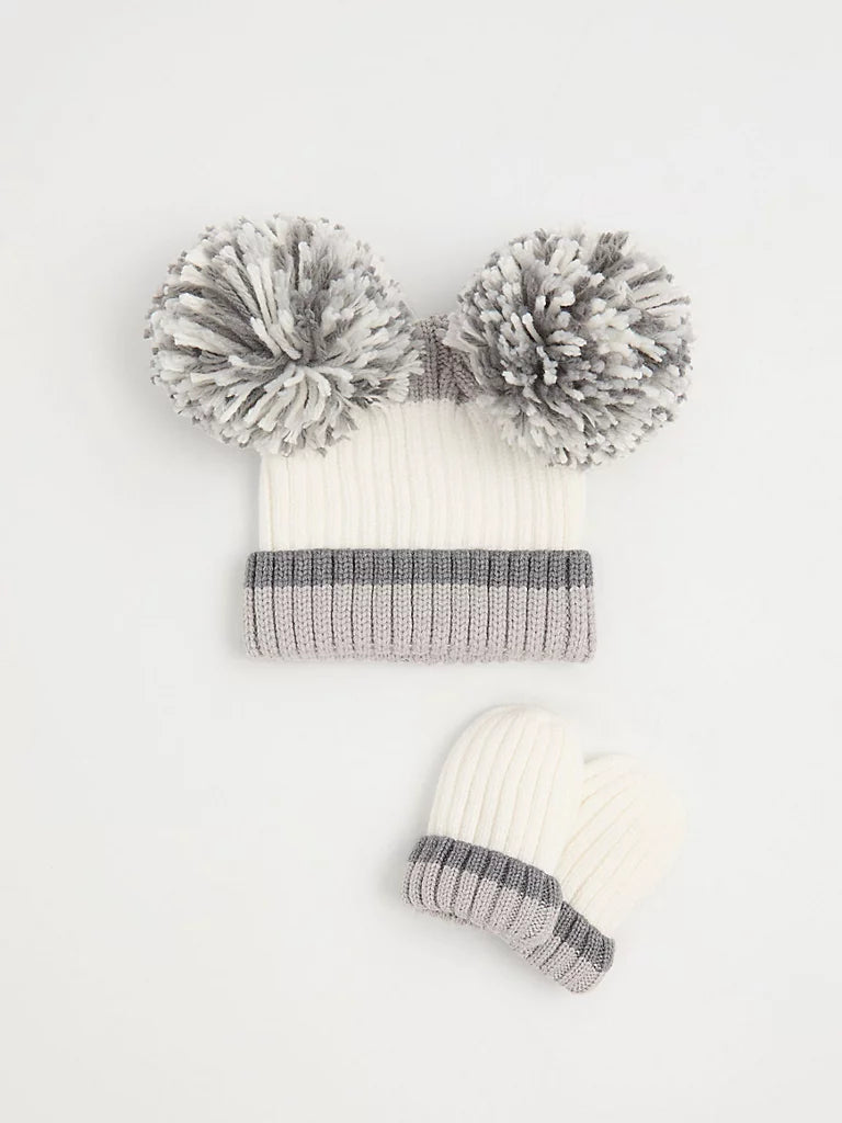 Grey Pom Pom Ribbed Beanie and Mittens Set