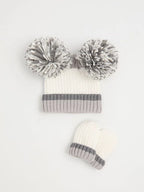 Grey Pom Pom Ribbed Beanie and Mittens Set
