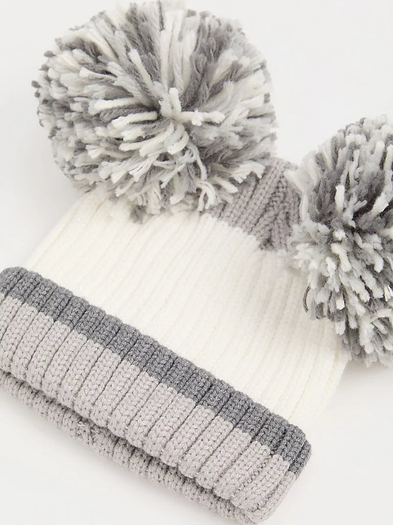 Grey Pom Pom Ribbed Beanie and Mittens Set