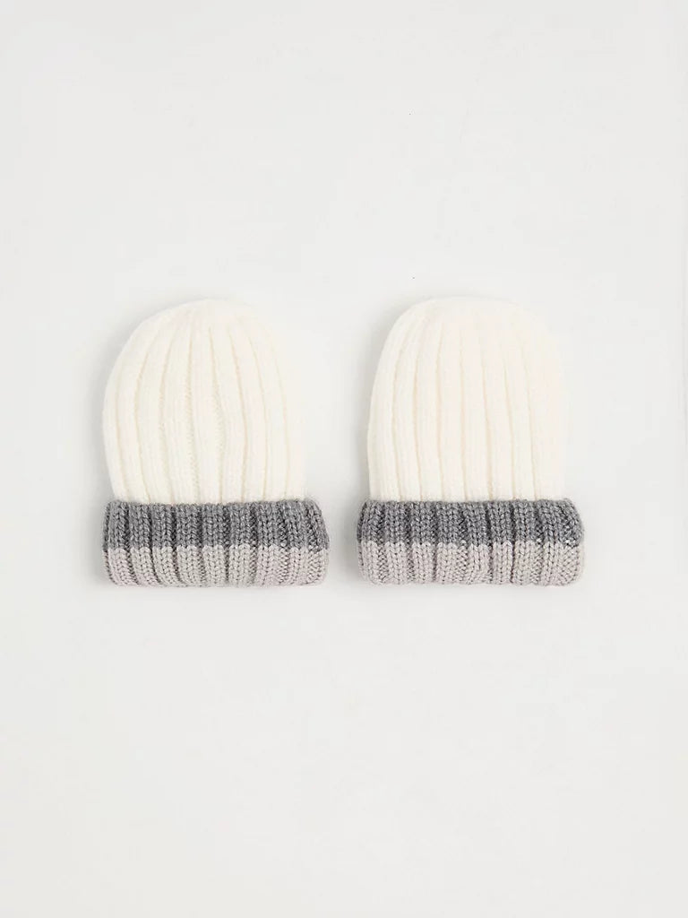 Grey Pom Pom Ribbed Beanie and Mittens Set