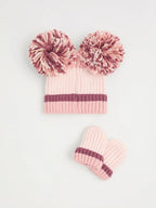 Pink Pom Pom Ribbed Beanie and Mittens Set