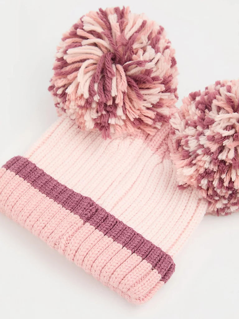 Pink Pom Pom Ribbed Beanie and Mittens Set