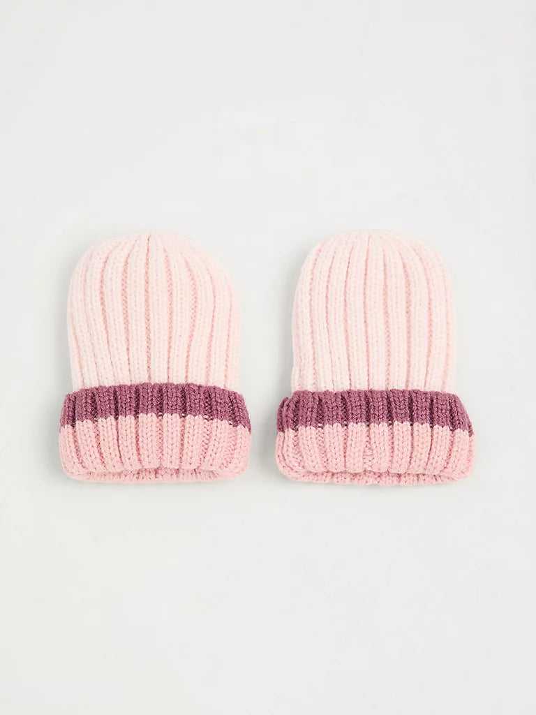 Pink Pom Pom Ribbed Beanie and Mittens Set