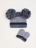 Blue Pom Pom Ribbed Beanie and Mittens Set