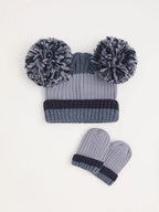 Blue Pom Pom Ribbed Beanie and Mittens Set