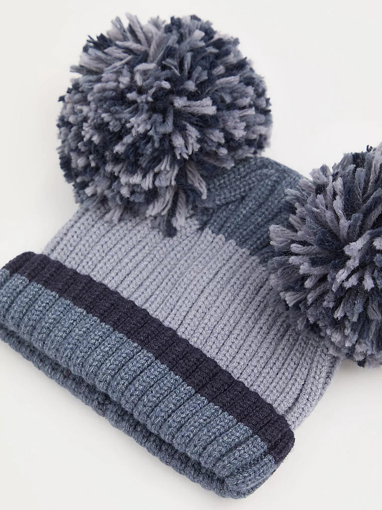Blue Pom Pom Ribbed Beanie and Mittens Set