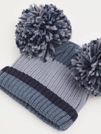 Blue Pom Pom Ribbed Beanie and Mittens Set