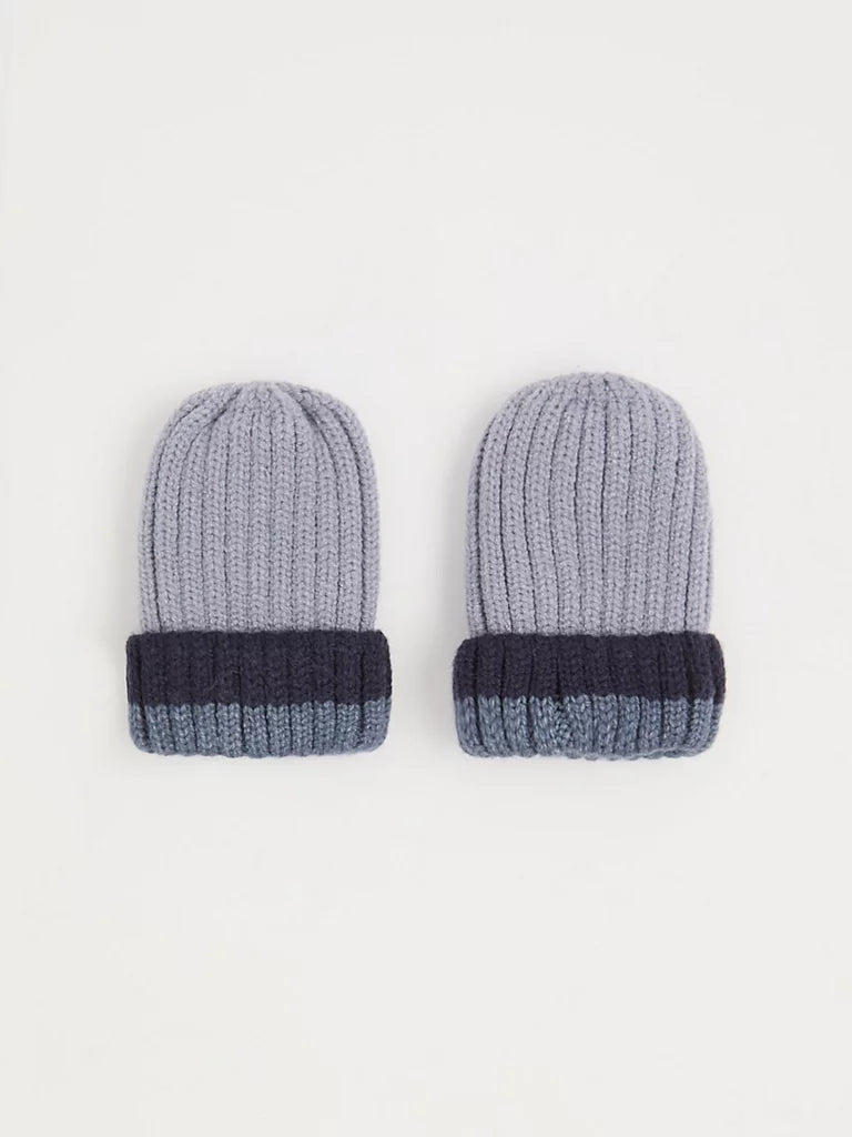 Blue Pom Pom Ribbed Beanie and Mittens Set