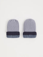 Blue Pom Pom Ribbed Beanie and Mittens Set