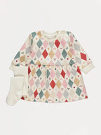 Christmas Harlequin Sweatshirt Dress and Tights Outfit