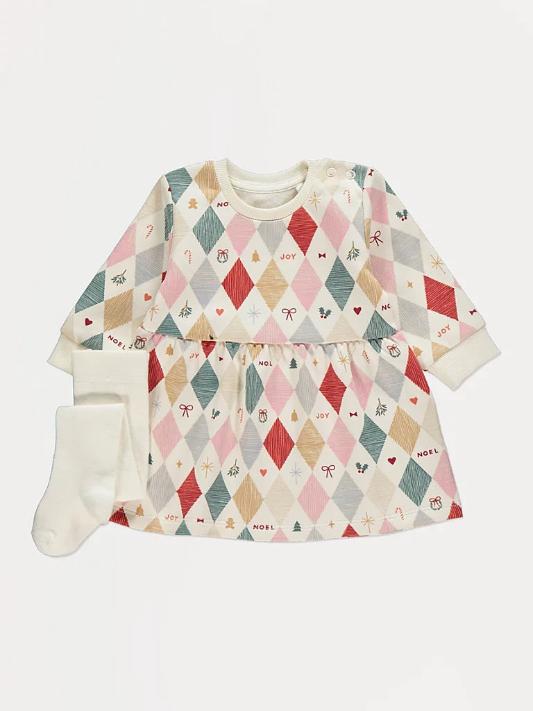 Christmas Harlequin Sweatshirt Dress and Tights Outfit