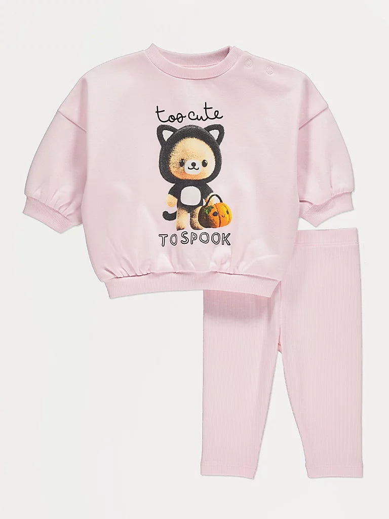 Pink Halloween Cat Costume Teddy Sweatshirt and Leggings Set