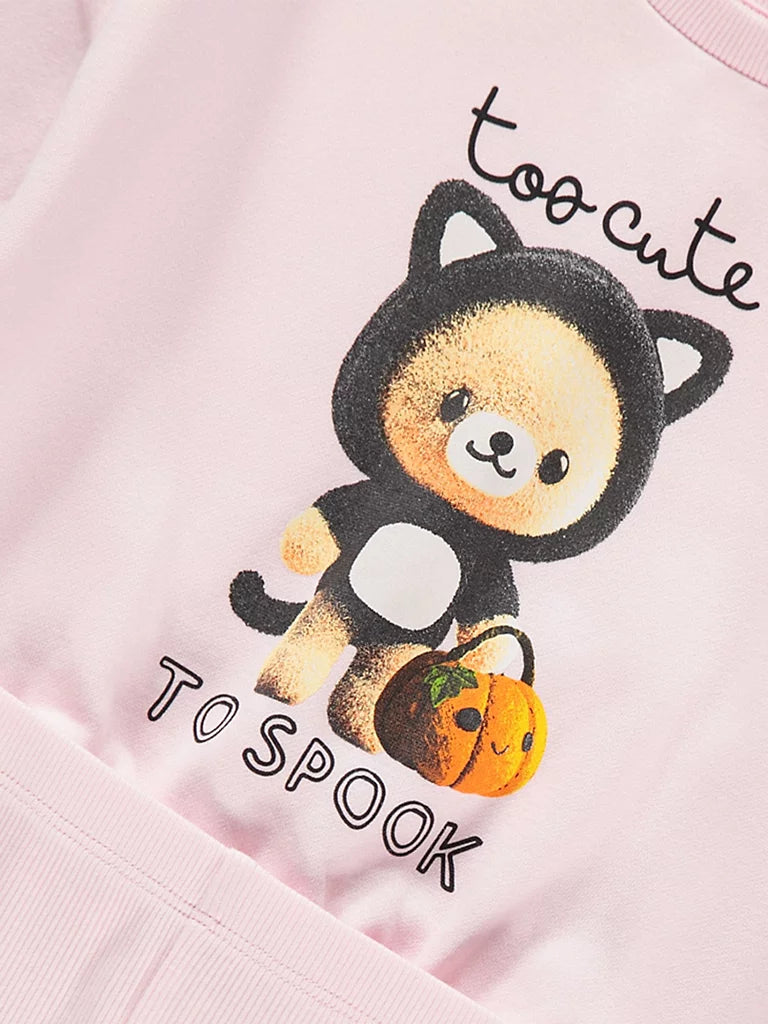 Pink Halloween Cat Costume Teddy Sweatshirt and Leggings Set