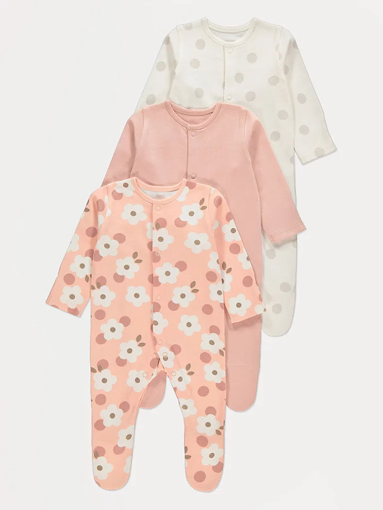Set od 3 Spilhozne - Pink Floral Spot Sleepsuits 3 Pack