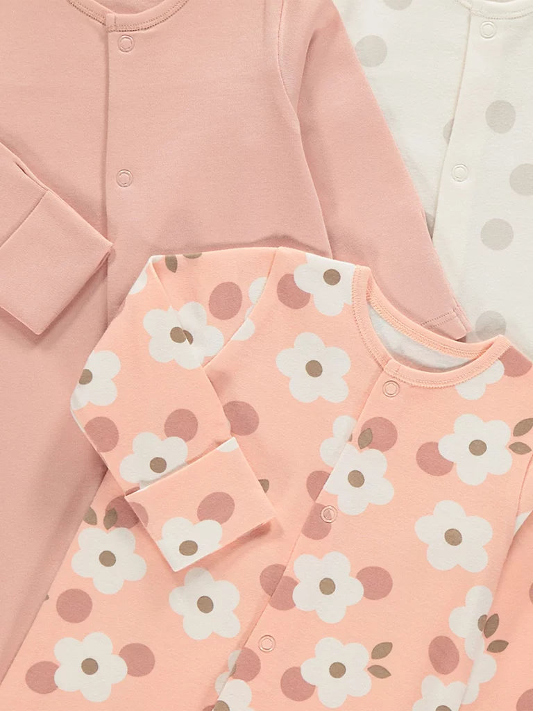 Set od 3 Spilhozne - Pink Floral Spot Sleepsuits 3 Pack