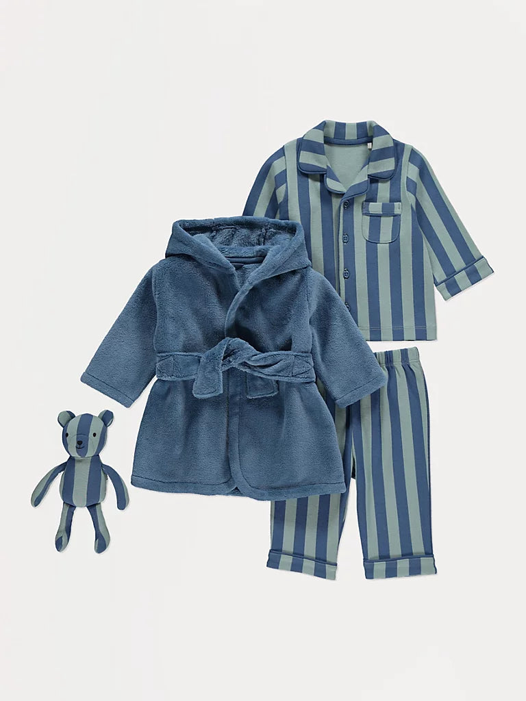 Blue Striped Shirt Pyjamas and Dressing Gown with Toy