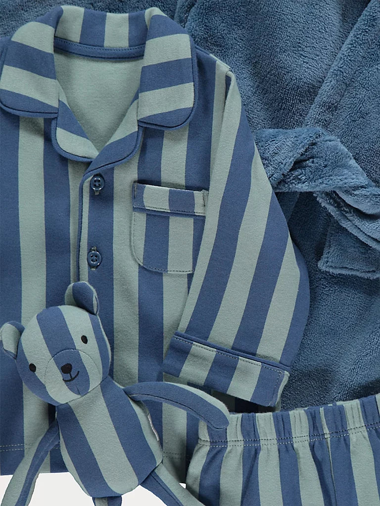 Blue Striped Shirt Pyjamas and Dressing Gown with Toy
