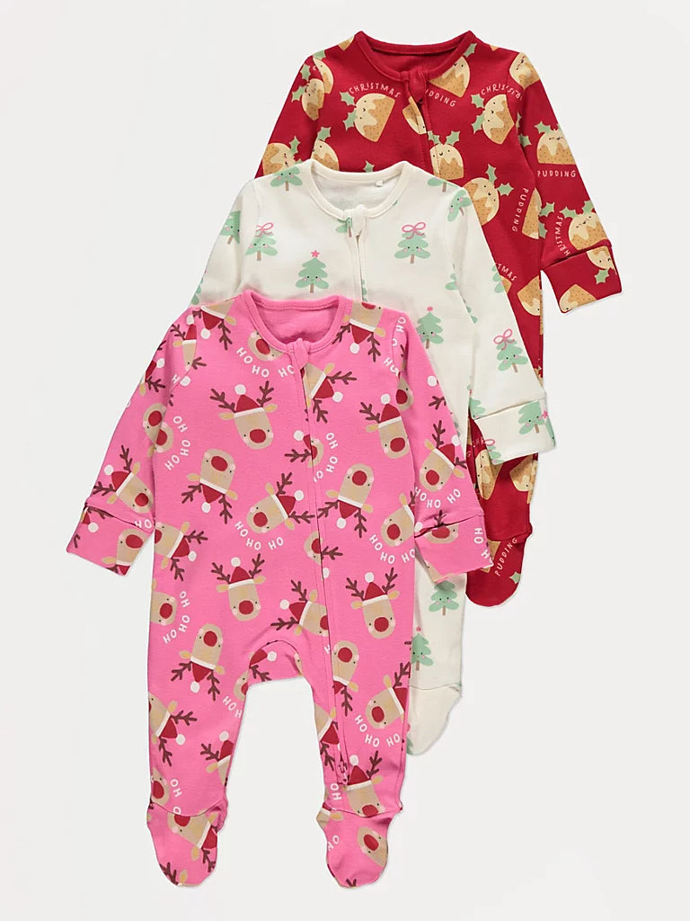 Christmas Festive Long Sleeve Zip Sleepsuits 3 Pack