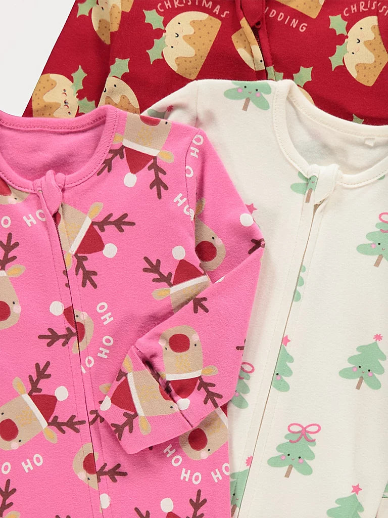 Christmas Festive Long Sleeve Zip Sleepsuits 3 Pack