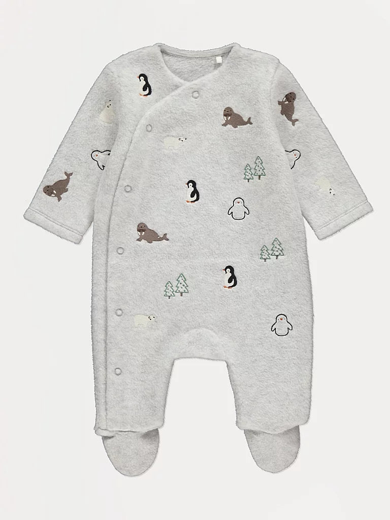 Grey Animal Embroidered Fleece Sleepsuit