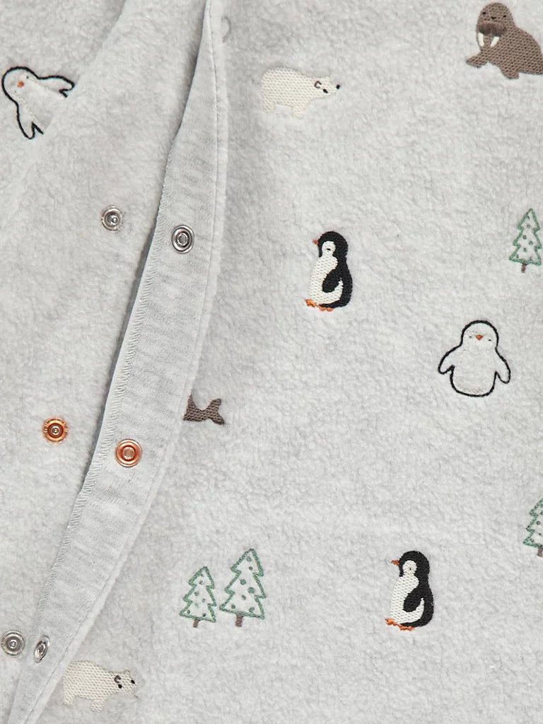 Grey Animal Embroidered Fleece Sleepsuit