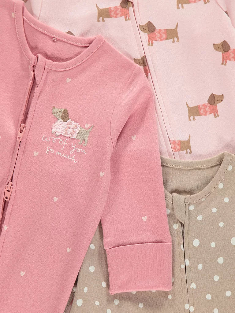 Set od 3 Spilhozne - Pink Dog Spot Sleepsuits 3 Pack