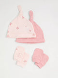 Pink Floral Bow Newborn Hat and Mittens Set 2 Pack