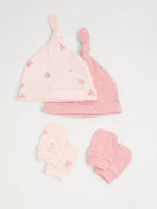 Pink Floral Bow Newborn Hat and Mittens Set 2 Pack
