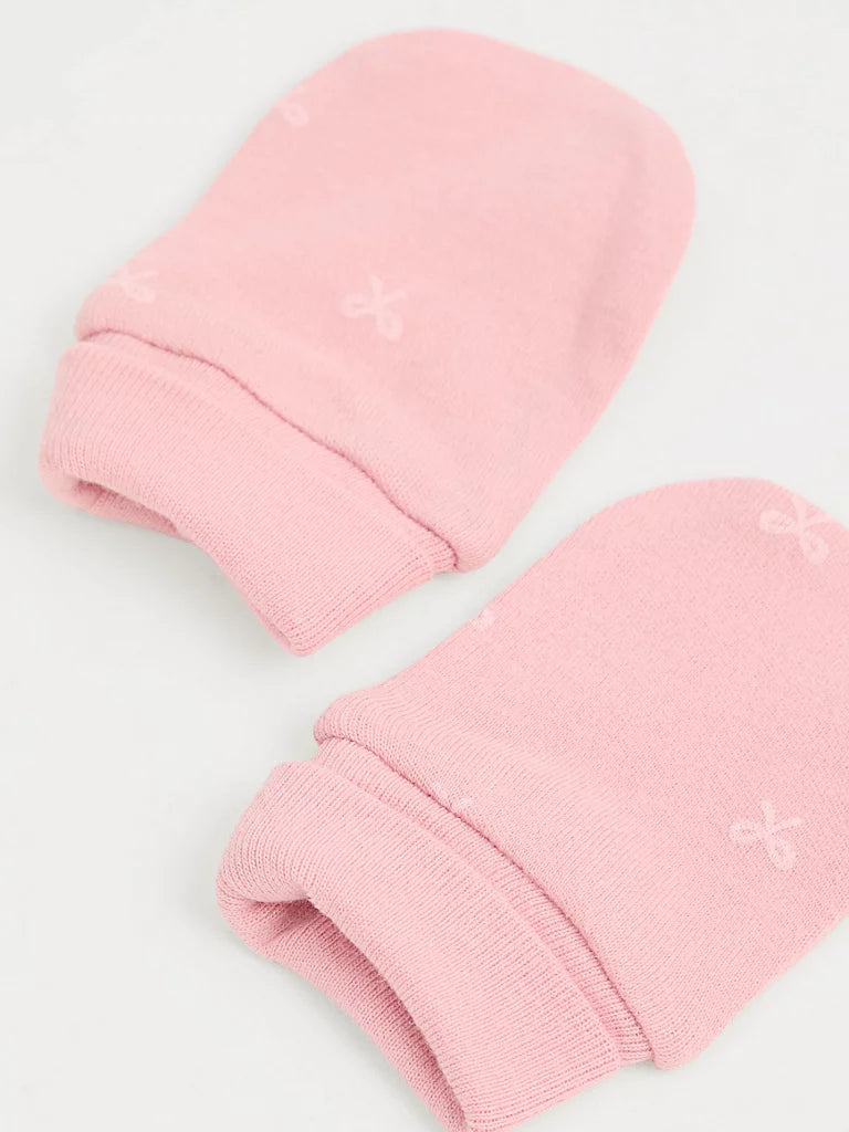 Pink Floral Bow Newborn Hat and Mittens Set 2 Pack