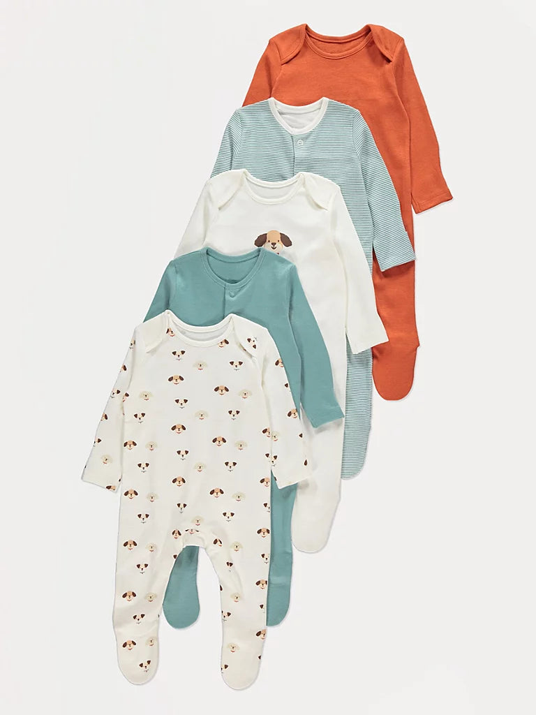 Set od 5 Spilhozne - Striped Puppy Sleepsuits 5