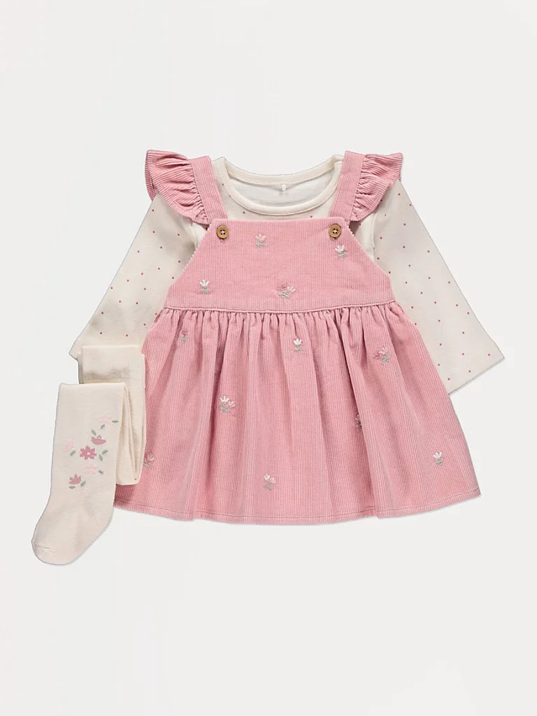 Pink Corduroy Pinafore and Bodysuit with Tights Outfit