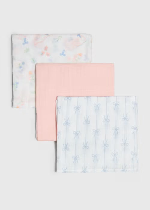 3 Pack Baby Pink Patterned Muslin Cloths