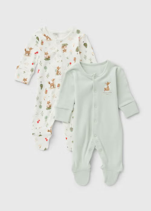 2 Pack Baby Green Fox Sleepsuits