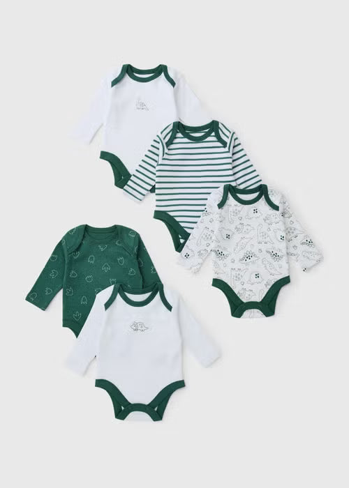 5 Pack Baby Green Dinosaur Long Sleeve Bodysuits4