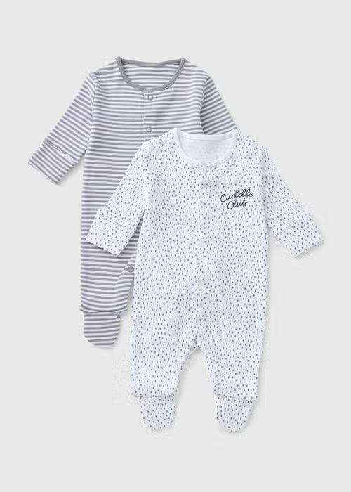 2 Pack Baby Grey Stripe Slogan Sleepsuits