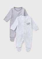 2 Pack Baby Grey Stripe Slogan Sleepsuits