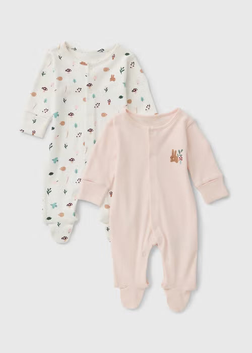 2 Pack Baby Pink/Cream Forest Print Sleepsuits