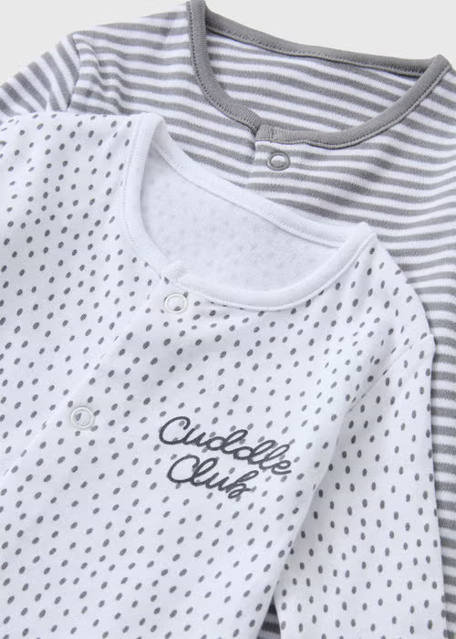 2 Pack Baby Grey Stripe Slogan Sleepsuits