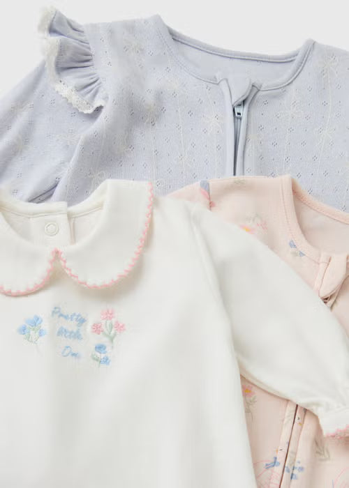3 Pack Baby Multicolour Floral Swan Sleepsuits