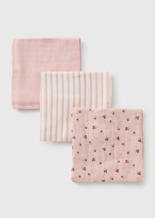 3 Pack Baby Pink Floral Muslin Cloths
