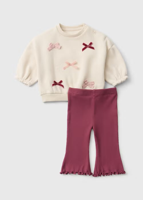 Girls Cream Bow Sweatshirt & Flared Leggings