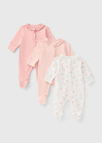 3 Pack Baby Pink & Cream Sleepsuits