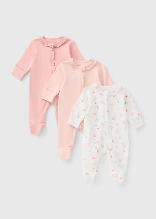 3 Pack Baby Pink & Cream Sleepsuits